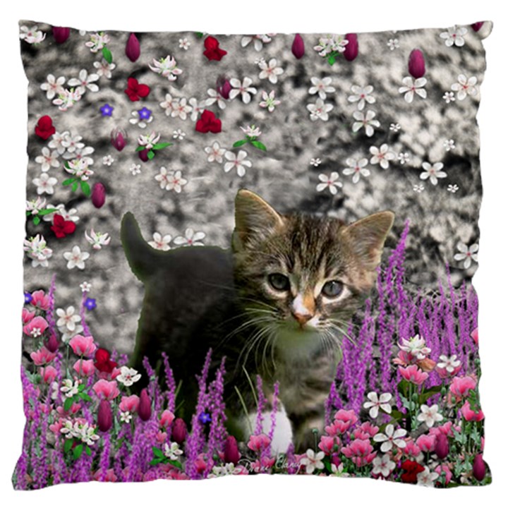 Emma In Flowers I, Little Gray Tabby Kitty Cat Large Flano Cushion Case (One Side)