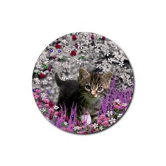 Emma In Flowers I, Little Gray Tabby Kitty Cat Rubber Round Coaster (4 Pack) 