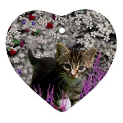 Emma In Flowers I, Little Gray Tabby Kitty Cat Ornament (heart)  by DianeClancy