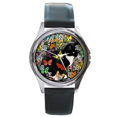 Freckles In Butterflies I, Black White Tux Cat Round Metal Watch by DianeClancy