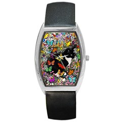 Freckles In Butterflies I, Black White Tux Cat Barrel Style Metal Watch by DianeClancy