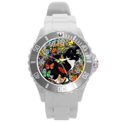 Freckles In Butterflies I, Black White Tux Cat Round Plastic Sport Watch (l) by DianeClancy