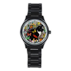 Freckles In Butterflies I, Black White Tux Cat Stainless Steel Round Watch by DianeClancy