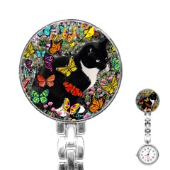 Freckles In Butterflies I, Black White Tux Cat Stainless Steel Nurses Watch by DianeClancy