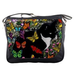 Freckles In Butterflies I, Black White Tux Cat Messenger Bags by DianeClancy