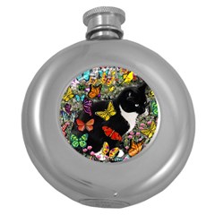 Freckles In Butterflies I, Black White Tux Cat Round Hip Flask (5 Oz) by DianeClancy