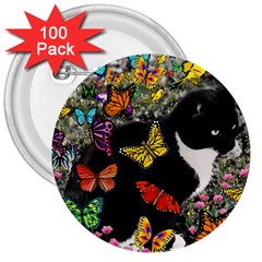 Freckles In Butterflies I, Black White Tux Cat 3  Buttons (100 Pack)  by DianeClancy