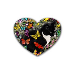 Freckles In Butterflies I, Black White Tux Cat Rubber Coaster (heart)  by DianeClancy