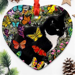 Freckles In Butterflies I, Black White Tux Cat Ornament (heart)  by DianeClancy