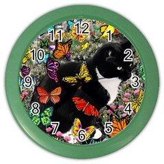 Freckles In Butterflies I, Black White Tux Cat Color Wall Clocks by DianeClancy