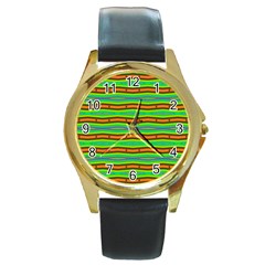 Bright Green Orange Lines Stripes Round Gold Metal Watch by BrightVibesDesign