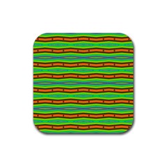 Bright Green Orange Lines Stripes Rubber Coaster (square)  by BrightVibesDesign