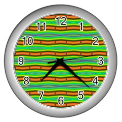 Bright Green Orange Lines Stripes Wall Clocks (silver)  by BrightVibesDesign