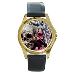 Skull And Bike Round Gold Metal Watch by MichaelMoriartyPhotography