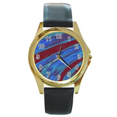 Swish Blue Red Abstract Round Gold Metal Watch by BrightVibesDesign