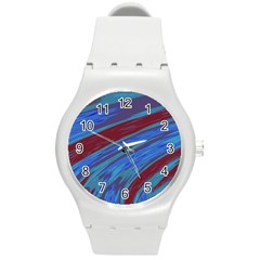 Swish Blue Red Abstract Round Plastic Sport Watch (m) by BrightVibesDesign