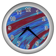 Swish Blue Red Abstract Wall Clocks (silver)  by BrightVibesDesign