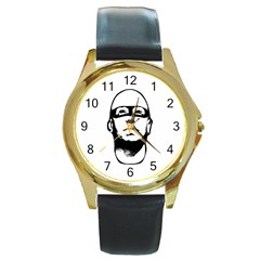 Baldhead Hero Comic Illustration Round Gold Metal Watch by dflcprints