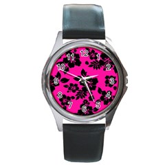 Dark Baby Pink Hawaiian Round Metal Watch by AlohaStore