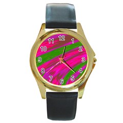 Swish Bright Pink Green Design Round Gold Metal Watch by BrightVibesDesign