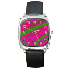 Swish Bright Pink Green Design Square Metal Watch by BrightVibesDesign