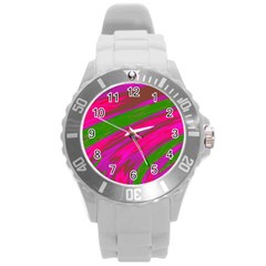 Swish Bright Pink Green Design Round Plastic Sport Watch (l) by BrightVibesDesign