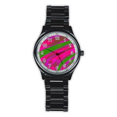 Swish Bright Pink Green Design Stainless Steel Round Watch by BrightVibesDesign