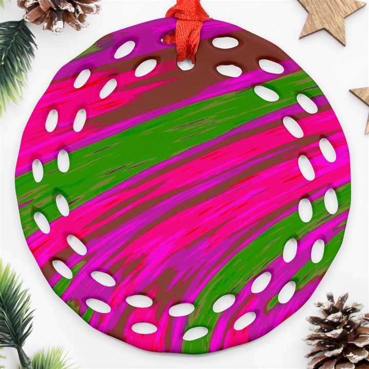 Swish Bright Pink Green Design Round Filigree Ornament (2Side)