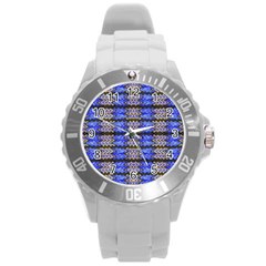 Pattern Tile Blue White Green Round Plastic Sport Watch (l) by BrightVibesDesign