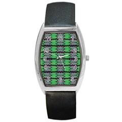 Pattern Tile Green Purple Barrel Style Metal Watch by BrightVibesDesign