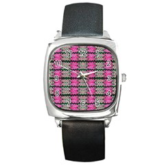 Pattern Tile Pink Green White Square Metal Watch by BrightVibesDesign