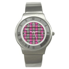 Pattern Tile Pink Green White Stainless Steel Watch by BrightVibesDesign