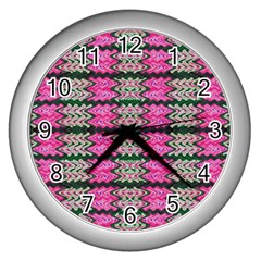 Pattern Tile Pink Green White Wall Clocks (silver)  by BrightVibesDesign