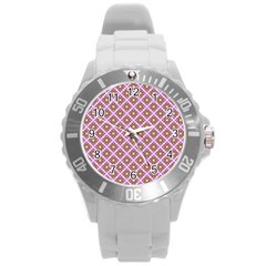 Crisscross Pastel Pink Yellow Round Plastic Sport Watch (l) by BrightVibesDesign