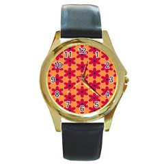 Red Flowers Pattern                                                                            			round Gold Metal Watch by LalyLauraFLM