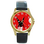 Black butterfly  Round Gold Metal Watch Front