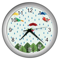 Birds In The Rain Wall Clocks (silver)  by justynapszczolka