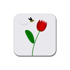 Red Tulip And Bee Rubber Coaster (square)  by Valentinaart