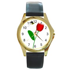 Red Tulip And Bee Round Gold Metal Watch by Valentinaart