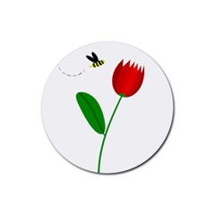 Red Tulip And Bee Rubber Coaster (round)  by Valentinaart