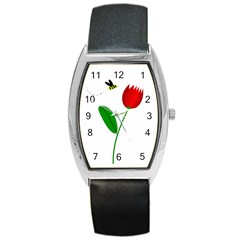 Red Tulip And Bee Barrel Style Metal Watch by Valentinaart