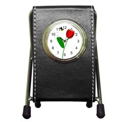 Red Tulip And Bee Pen Holder Desk Clocks by Valentinaart