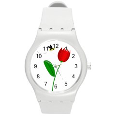 Red Tulip And Bee Round Plastic Sport Watch (m) by Valentinaart