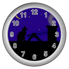 Cat On The Roof  Wall Clocks (silver)  by Valentinaart