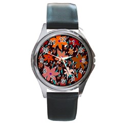 Orange Flowers  Round Metal Watch