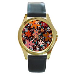 Orange Flowers  Round Gold Metal Watch