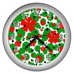 Red And Green Christmas Design  Wall Clocks (silver)  by Valentinaart