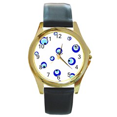 Mediterranean Blue Eyes Round Gold Metal Watch by Valentinaart