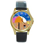 On the beach  Round Gold Metal Watch Front