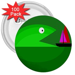 Green Monster Fish 3  Buttons (100 Pack) 